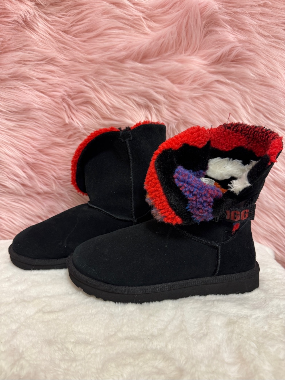 UGG Women’s Black Suede Fold-Over Boots with Red Trim and Multicolor Lining